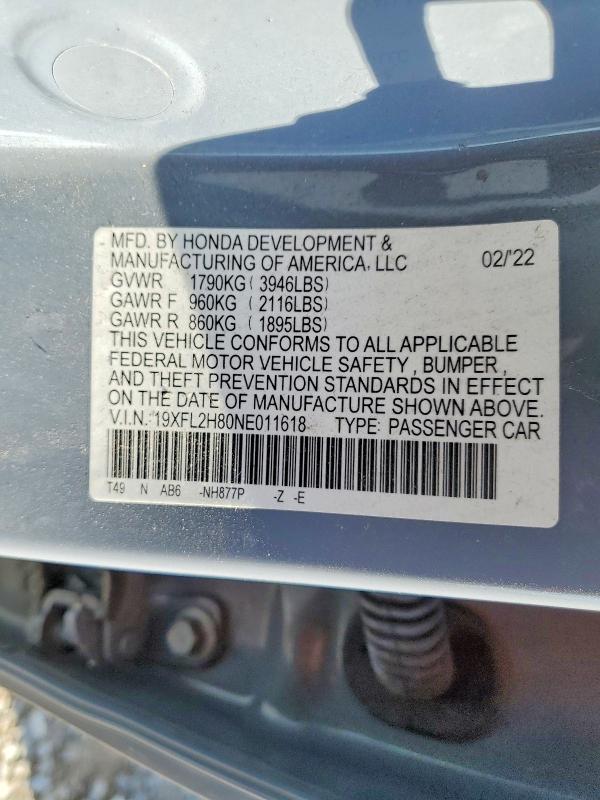 Aukcja sprzedaży 2022 Honda Civic, vin: 19XFL2H80NE011618, numer aukcji: 48682396