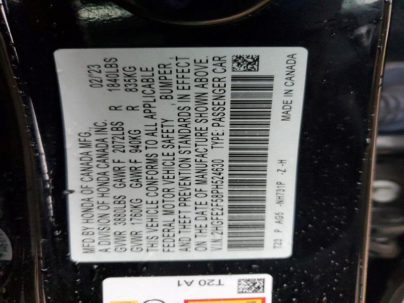 2023 Honda Civic მანქანა იყიდება აუქციონზე, vin: 2HGFE2F58PH524630, აუქციონის ნომერი: 48313466