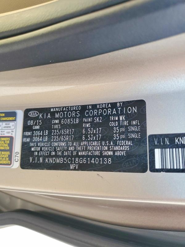 50353366 :رقم المزاد ، KNDMB5C18G6140138 vin ، 2016 Kia Sedona مزاد بيع