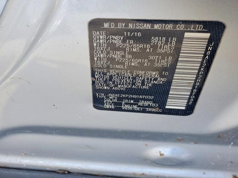 49916156 :رقم المزاد ، JN8AE2KP2H9167032 vin ، 2017 Nissan Quest مزاد بيع