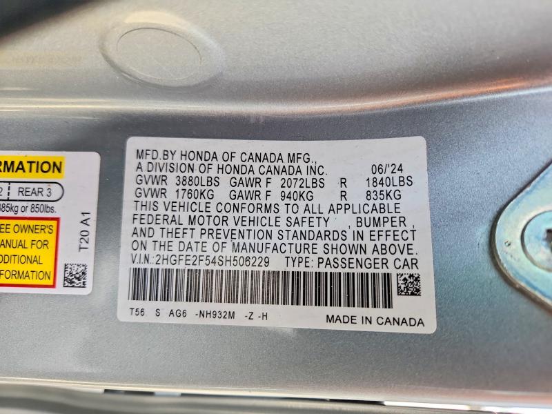 Продаж на аукціоні авто 2025 Honda Civic, vin: 2HGFE2F54SH506229, номер лоту: 49174336