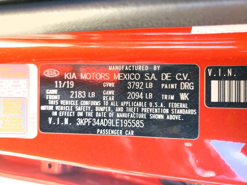 2020 Kia Forte მანქანა იყიდება აუქციონზე, vin: 3KPF34AD9LE195585, აუქციონის ნომერი: 48199126