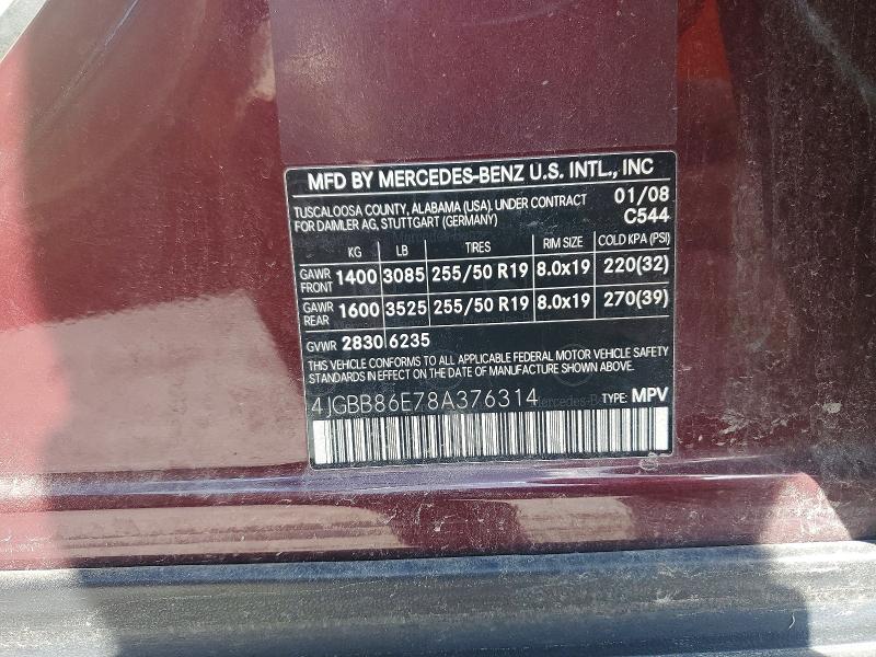 50745016 :رقم المزاد ، 4JGBB86E78A376314 vin ، 2008 Mercedes-benz Ml مزاد بيع