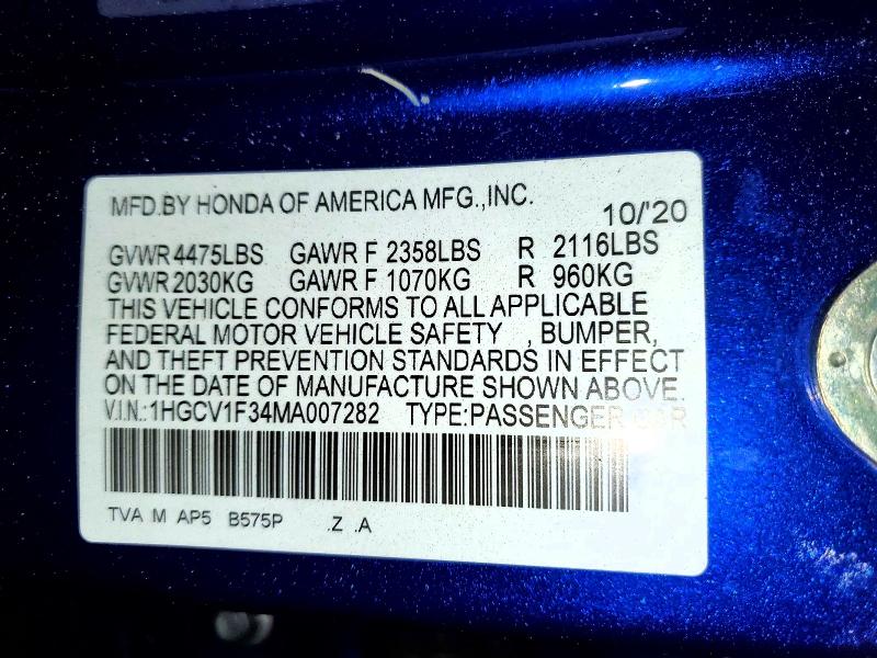 Продажа на аукционе авто 2021 Honda Accord, vin: 1HGCV1F34MA007282, номер лота: 51593156
