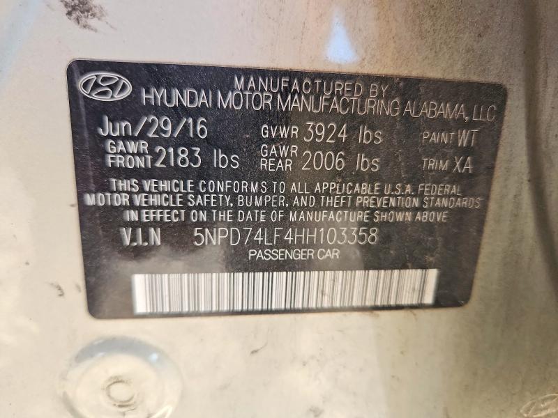 50403786 :رقم المزاد ، 5NPD74LF4HH103358 vin ، 2017 Hyundai Elantra مزاد بيع