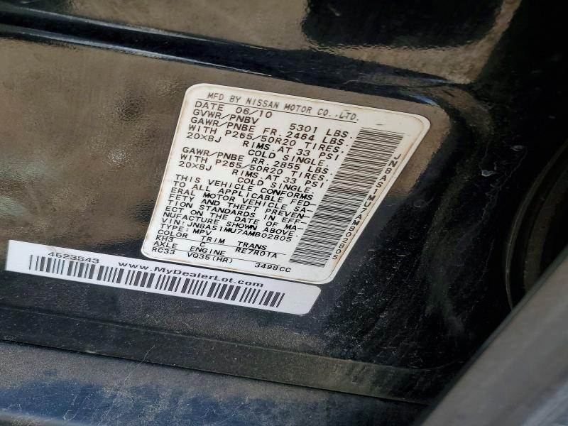 51087016 :رقم المزاد ، JN8AS1MU7AM802805 vin ، 2010 Infiniti Fx35 Rwd مزاد بيع