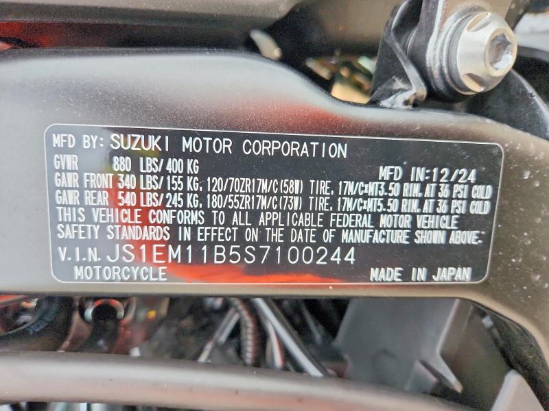 Продаж на аукціоні авто 2025 Suzuki Gsx800, vin: JS1EM11B5S7100244, номер лоту: 49641916