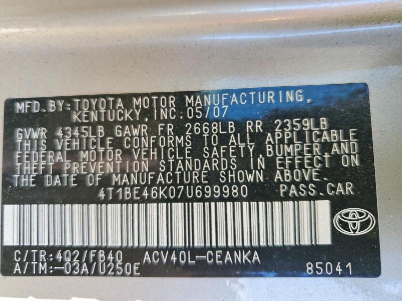 2007 Toyota Camry მანქანა იყიდება აუქციონზე, vin: 4T1BE46K07U699980, აუქციონის ნომერი: 50436146