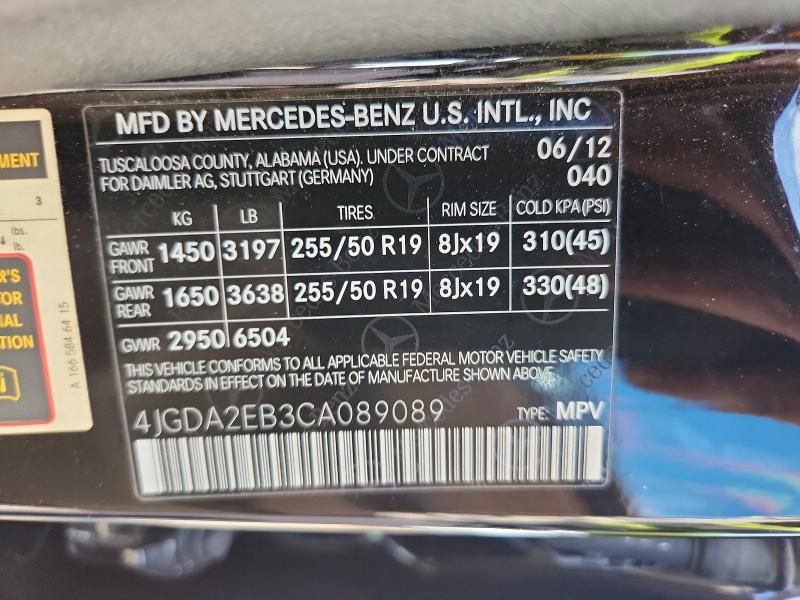 Aukcja sprzedaży 2012 Mercedes-benz Ml, vin: 4JGDA2EB3CA089089, numer aukcji: 49031266