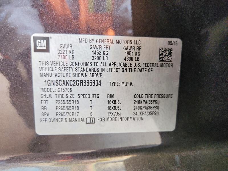 51306576 :رقم المزاد ، 1GNSCAKC2GR386804 vin ، 2016 Chevrolet Tahoe مزاد بيع