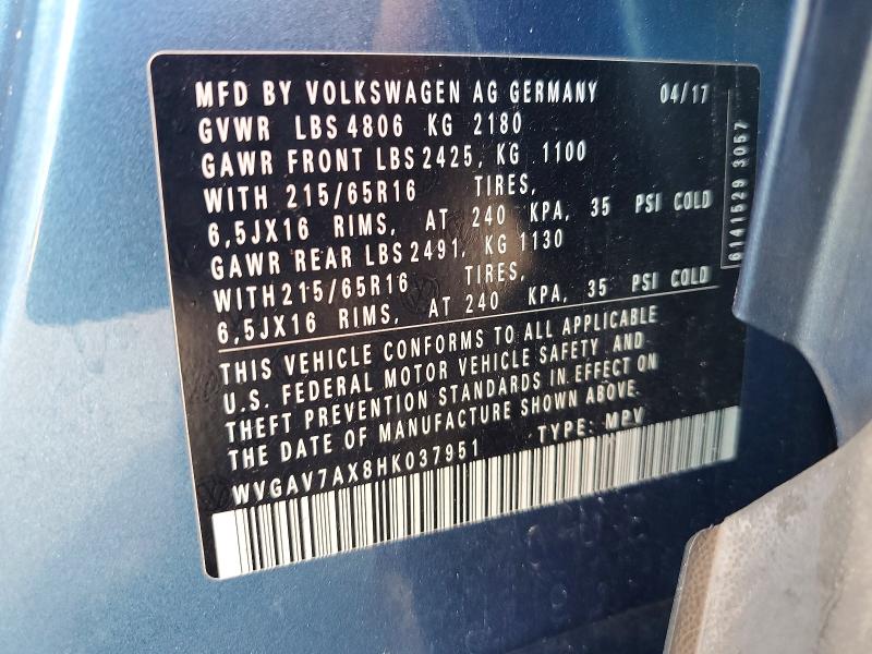 49466056 :رقم المزاد ، WVGAV7AX8HK037951 vin ، 2017 Volkswagen Tiguan مزاد بيع