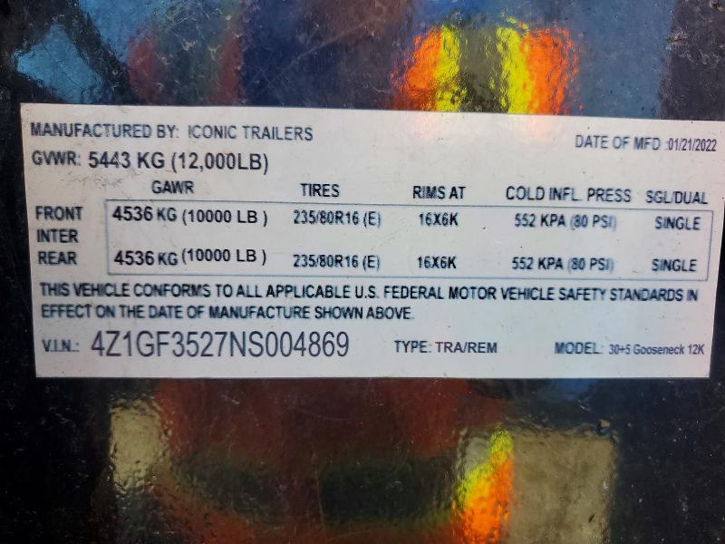 50716156 :رقم المزاد ، 4Z1GF3527NS004869 vin ، 2022 Gator Made Inc Gooseneck مزاد بيع