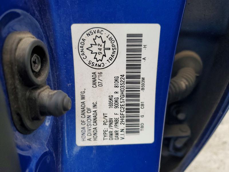 2016 Honda Civic მანქანა იყიდება აუქციონზე, vin: 2HGFC2E57GH035224, აუქციონის ნომერი: 50087636