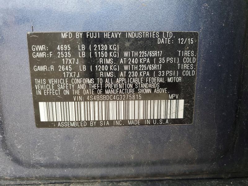 49401146 :رقم المزاد ، 4S4BSBDC4G3275815 vin ، 2016 Subaru Outback مزاد بيع