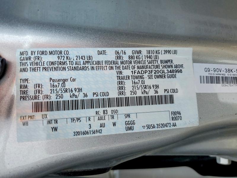Продажа на аукционе авто 2016 Ford Focus, vin: 1FADP3F20GL348998, номер лота: 49736256