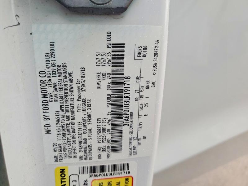 Aukcja sprzedaży 2020 Ford Fusion, vin: 3FA6P0LU3LR191718, numer aukcji: 51855976