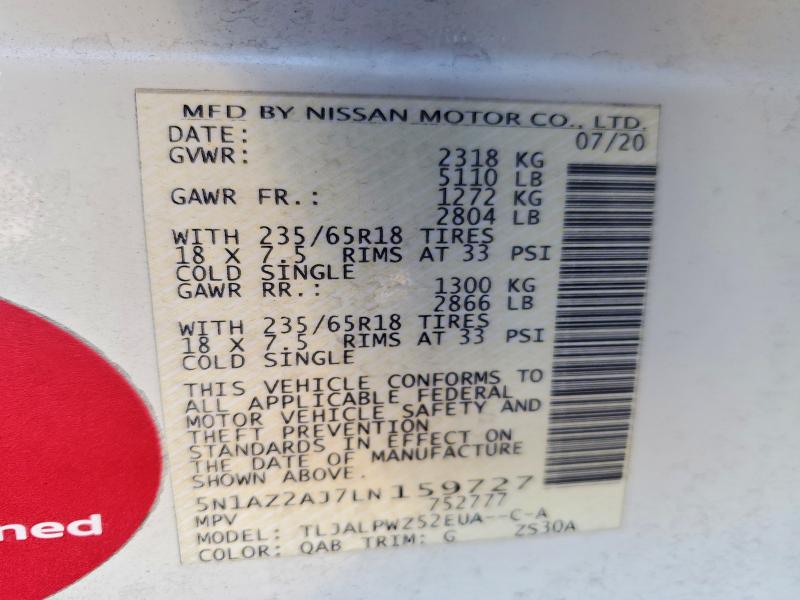 2020 Nissan Murano მანქანა იყიდება აუქციონზე, vin: 5N1AZ2AJ7LN159727, აუქციონის ნომერი: 50231336