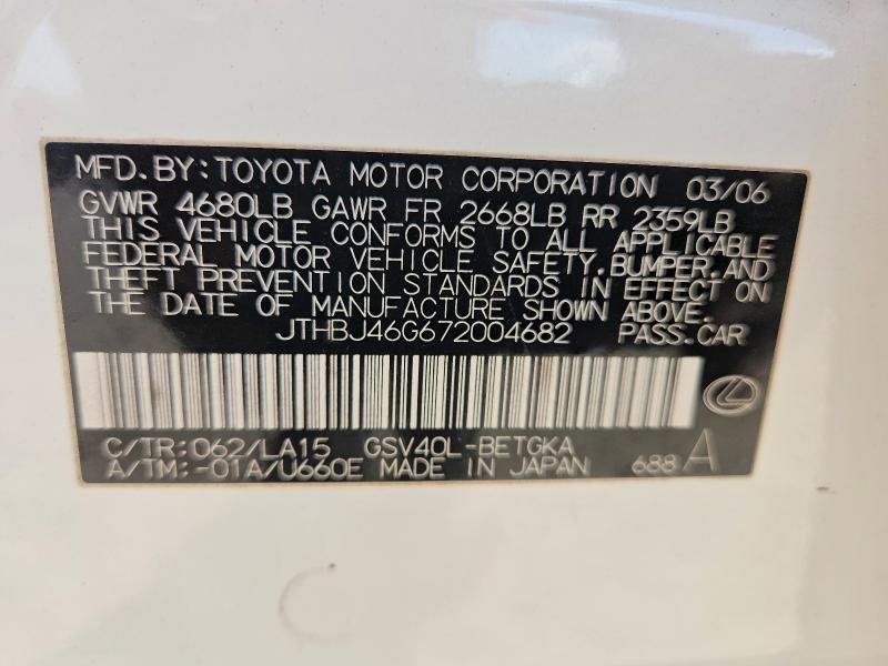 50359036 :رقم المزاد ، JTHBJ46G672004682 vin ، 2007 Lexus Es مزاد بيع