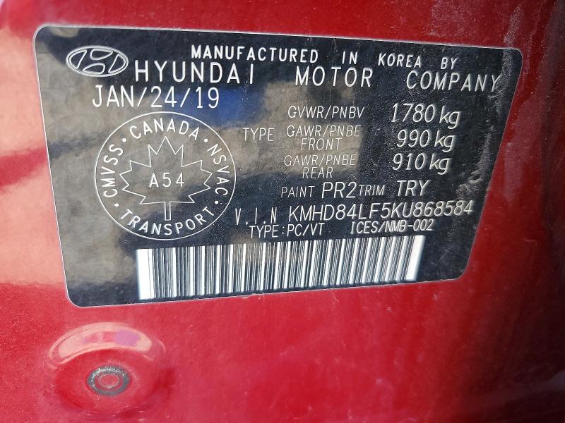 50141976 :رقم المزاد ، KMHD84LF5KU868584 vin ، 2019 Hyundai Elantra مزاد بيع
