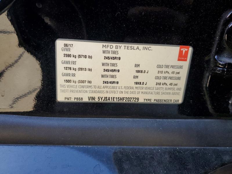 2017 Tesla Model S მანქანა იყიდება აუქციონზე, vin: 5YJSA1E15HF202729, აუქციონის ნომერი: 50507796