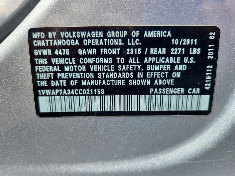 2012 Volkswagen Passat მანქანა იყიდება აუქციონზე, vin: 1VWAP7A34CC021158, აუქციონის ნომერი: 48706926
