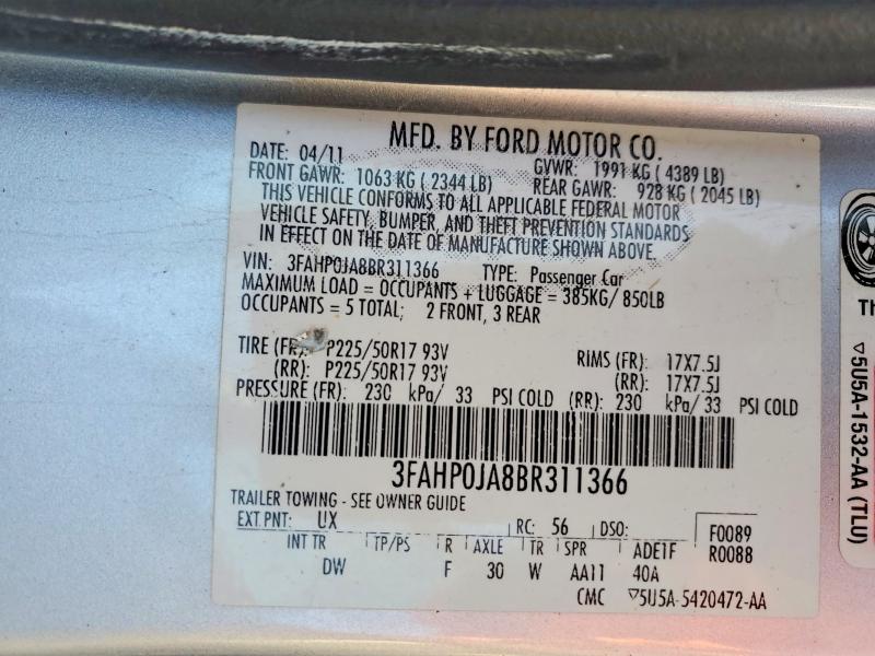 Продажа на аукционе авто 2011 Ford Fusion, vin: 3FAHP0JA8BR311366, номер лота: 49987366