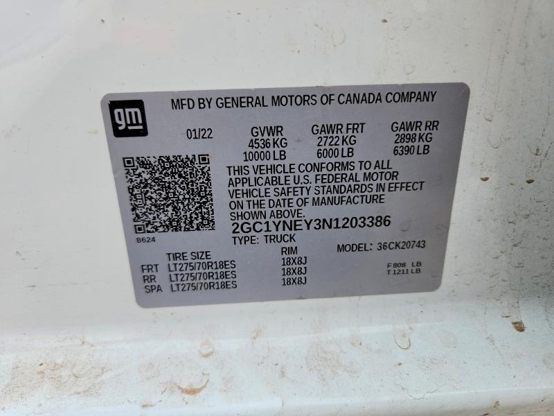 51654286 :رقم المزاد ، 2GC1YNEY3N1203386 vin ، 2022 Chevrolet Silverado مزاد بيع