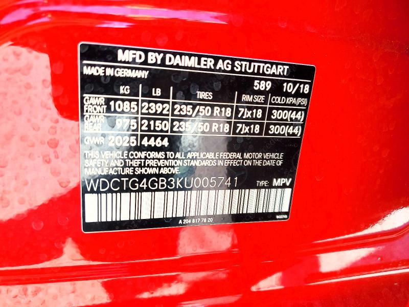 Aukcja sprzedaży 2019 Mercedes-benz Gla, vin: WDCTG4GB3KU005741, numer aukcji: 49999226
