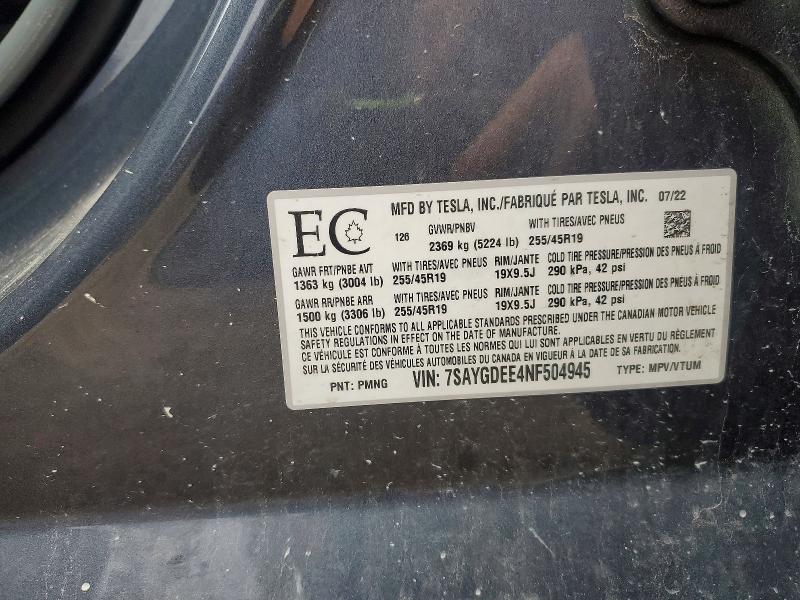 2022 Tesla Model Y მანქანა იყიდება აუქციონზე, vin: 7SAYGDEE4NF504945, აუქციონის ნომერი: 50126506