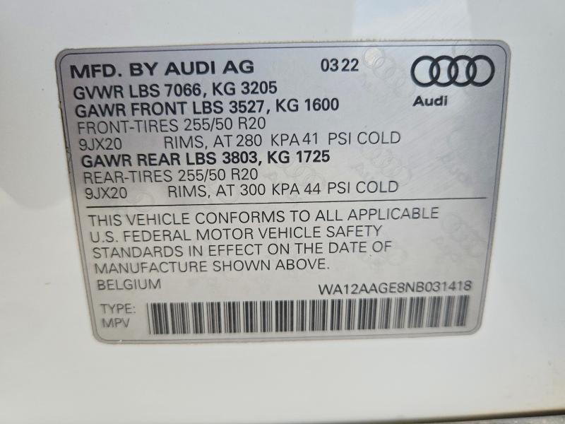 Продажа на аукционе авто 2022 Audi E-tron, vin: WA12AAGE8NB031418, номер лота: 47258436