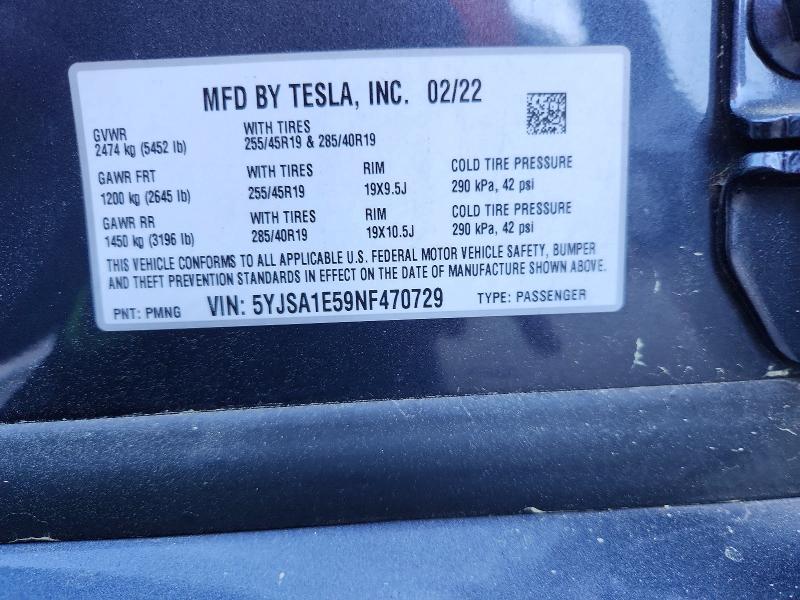 48431196 :رقم المزاد ، 5YJSA1E59NF470729 vin ، 2022 Tesla Model S مزاد بيع