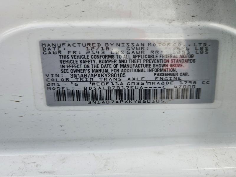 2019 Nissan Sentra მანქანა იყიდება აუქციონზე, vin: 3N1AB7APXKY280105, აუქციონის ნომერი: 50854356
