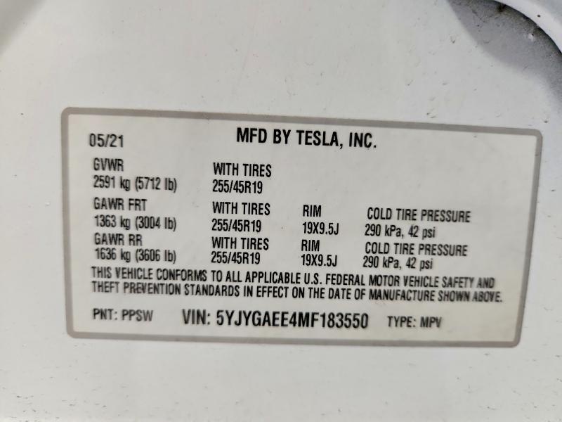 Aukcja sprzedaży 2021 Tesla Model Y, vin: 5YJYGAEE4MF183550, numer aukcji: 51546486