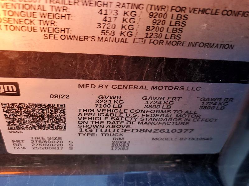 2022 Gmc Sierra მანქანა იყიდება აუქციონზე, vin: 1GTUUCED8NZ610377, აუქციონის ნომერი: 49037336