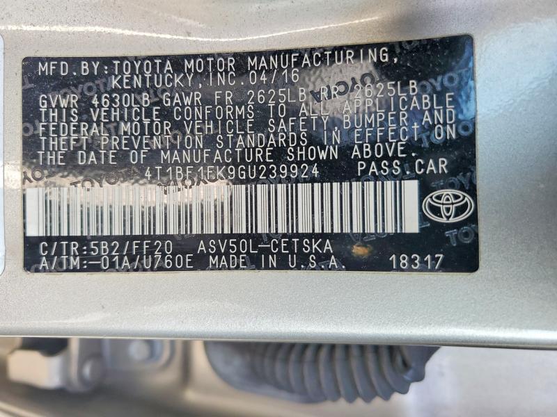 2016 Toyota Camry მანქანა იყიდება აუქციონზე, vin: 4T1BF1FK9GU239924, აუქციონის ნომერი: 49722646