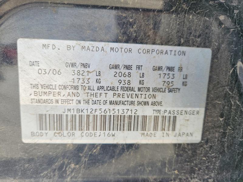 2006 Mazda 3 მანქანა იყიდება აუქციონზე, vin: JM1BK12F561513712, აუქციონის ნომერი: 49077426