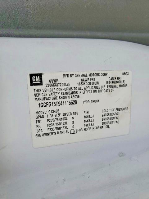 Auction sale of the 2004 Chevrolet Express G1500, vin: 1GCFG15T941115520, lot number: 50043946