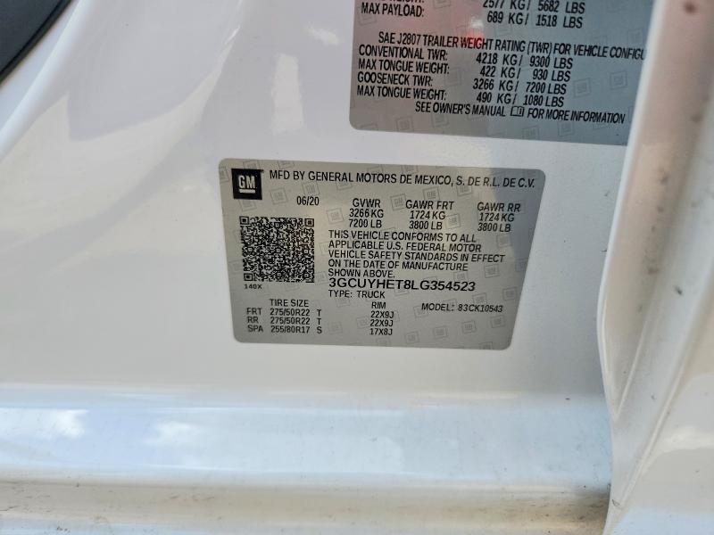 Продаж на аукціоні авто 2020 Chevrolet Silverado, vin: 3GCUYHET8LG354523, номер лоту: 50167106
