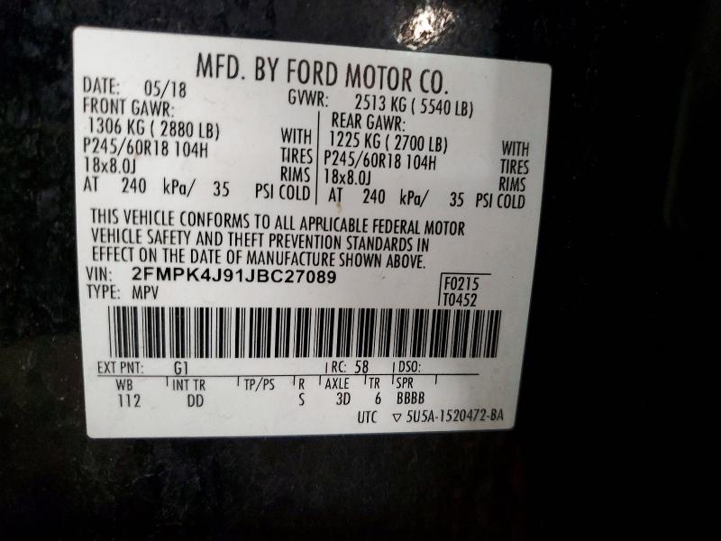 48183136 :رقم المزاد ، 2FMPK4J91JBC27089 vin ، 2018 Ford Edge مزاد بيع