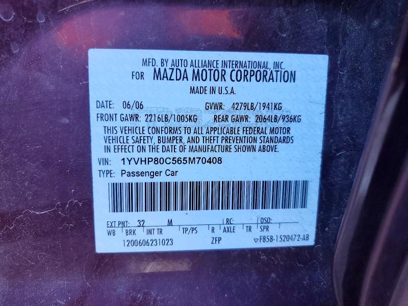 2006 Mazda 6 მანქანა იყიდება აუქციონზე, vin: 1YVHP80C565M70408, აუქციონის ნომერი: 48692176