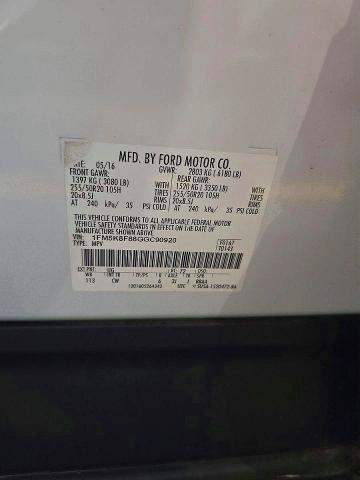 51573686 :رقم المزاد ، 1FM5K8F88GGC90920 vin ، 2016 Ford Explorer مزاد بيع