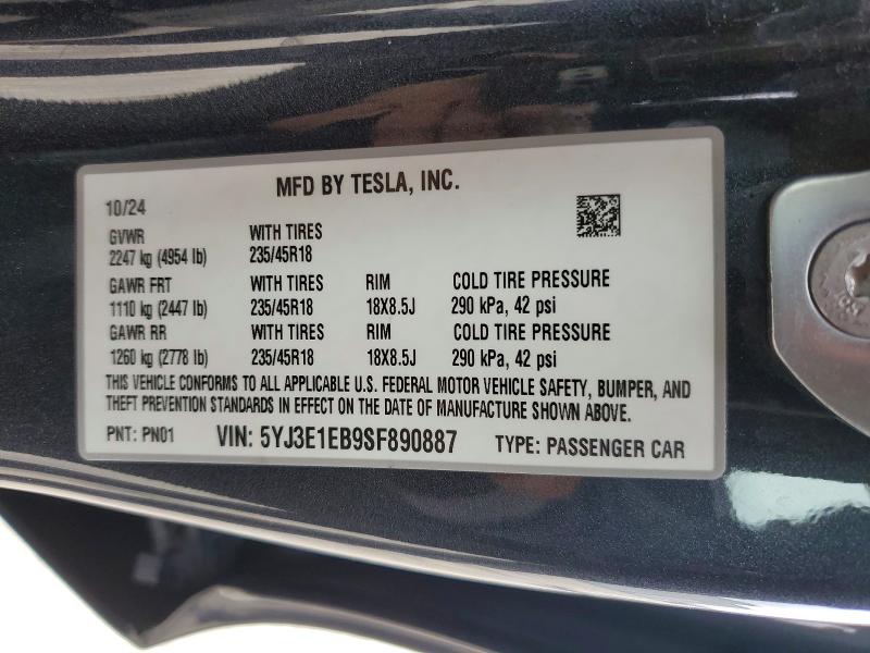 48680776 :رقم المزاد ، 5YJ3E1EB9SF890887 vin ، 2025 Tesla Model 3 مزاد بيع