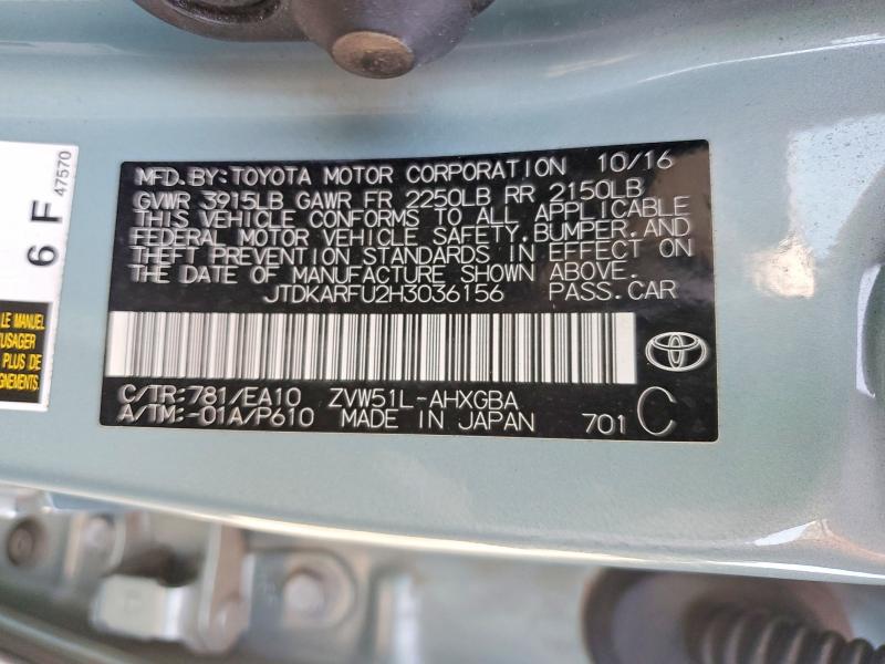 48210866 :رقم المزاد ، JTDKARFU2H3036156 vin ، 2017 Toyota Prius مزاد بيع