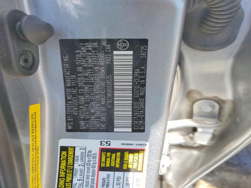 Auction sale of the 2019 Toyota Camry, vin: 4T1BZ1HK0KU508535, lot number: 51169056