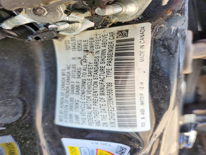 50430396 :رقم المزاد ، 2HGFE2F55NH568789 vin ، 2022 Honda Civic مزاد بيع