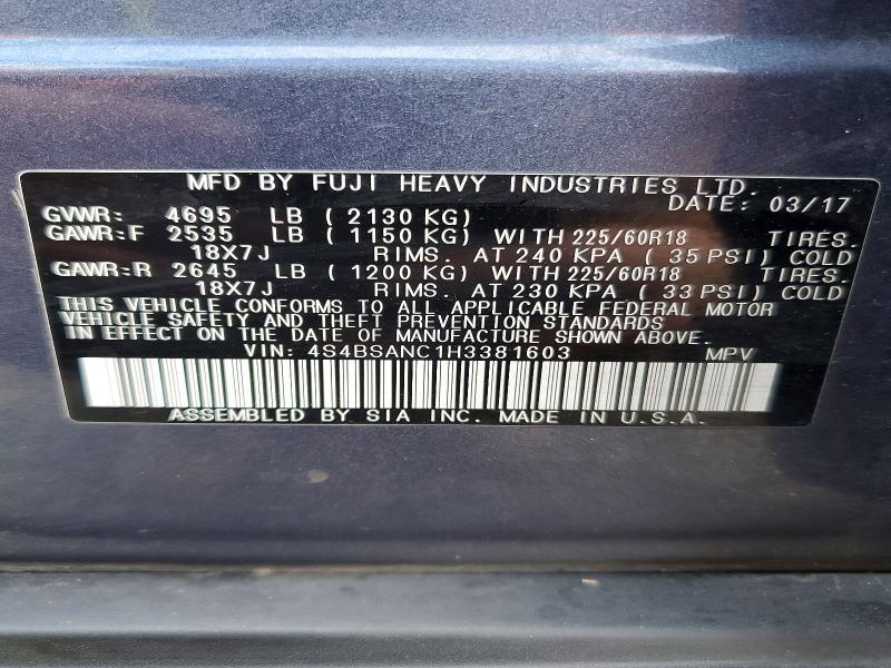 Aukcja sprzedaży 2017 Subaru Outback, vin: 4S4BSANC1H3381603, numer aukcji: 49001876