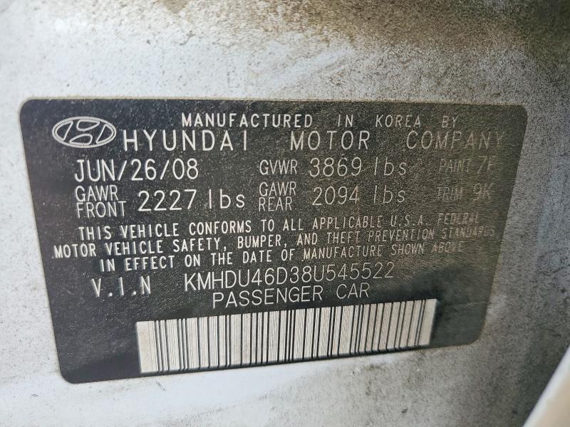 2008 Hyundai Elantra მანქანა იყიდება აუქციონზე, vin: KMHDU46D38U545522, აუქციონის ნომერი: 48189236