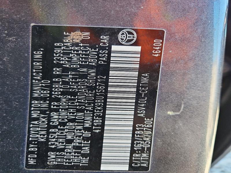 2011 Toyota Camry მანქანა იყიდება აუქციონზე, vin: 4T1BF3EK9BU156712, აუქციონის ნომერი: 50908396