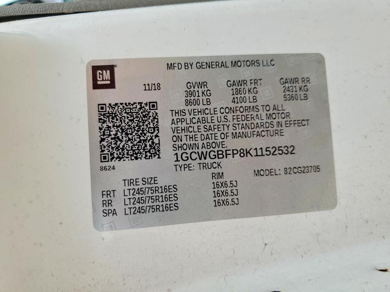 55808606 :رقم المزاد ، 1GCWGBFP8K1152532 vin ، 2019 Chevrolet Express G2500 مزاد بيع