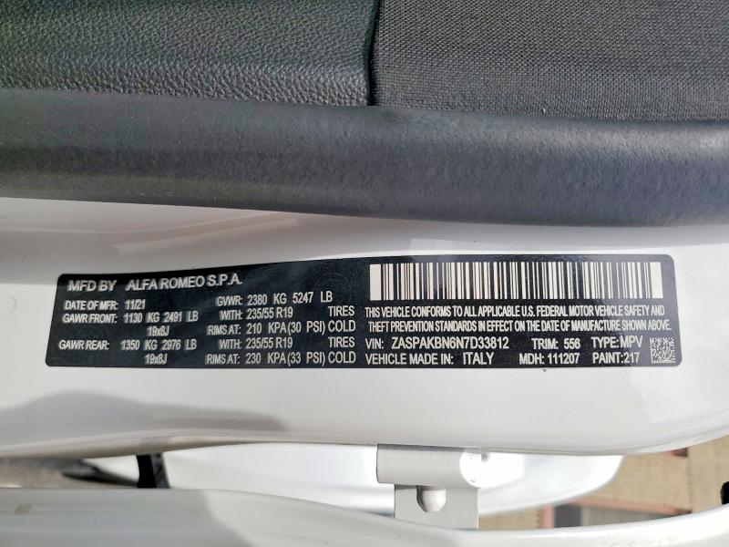 48244996 :رقم المزاد ، ZASPAKBN6N7D33812 vin ، 2022 Alfa Romeo Stelvio مزاد بيع